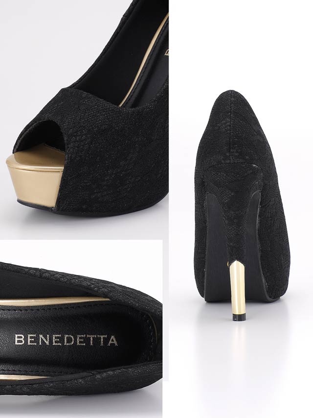 7/25再入荷![13cmヒール]フラワーレースヒール切り替えオープントゥパンプス[dazzyオリジナル]