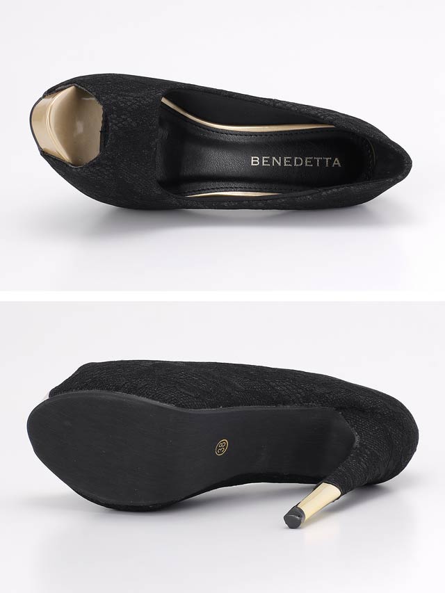 7/25再入荷![13cmヒール]フラワーレースヒール切り替えオープントゥパンプス[dazzyオリジナル]