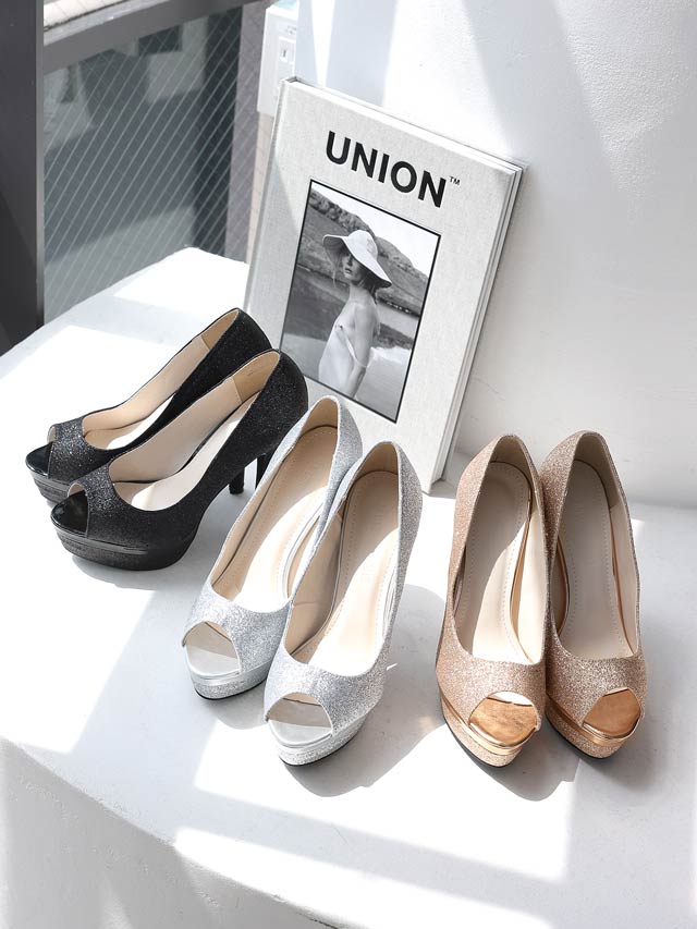 7/25再入荷![13cmヒール]シャイニーオールグリッターオープントゥパンプス[dazzyオリジナル]