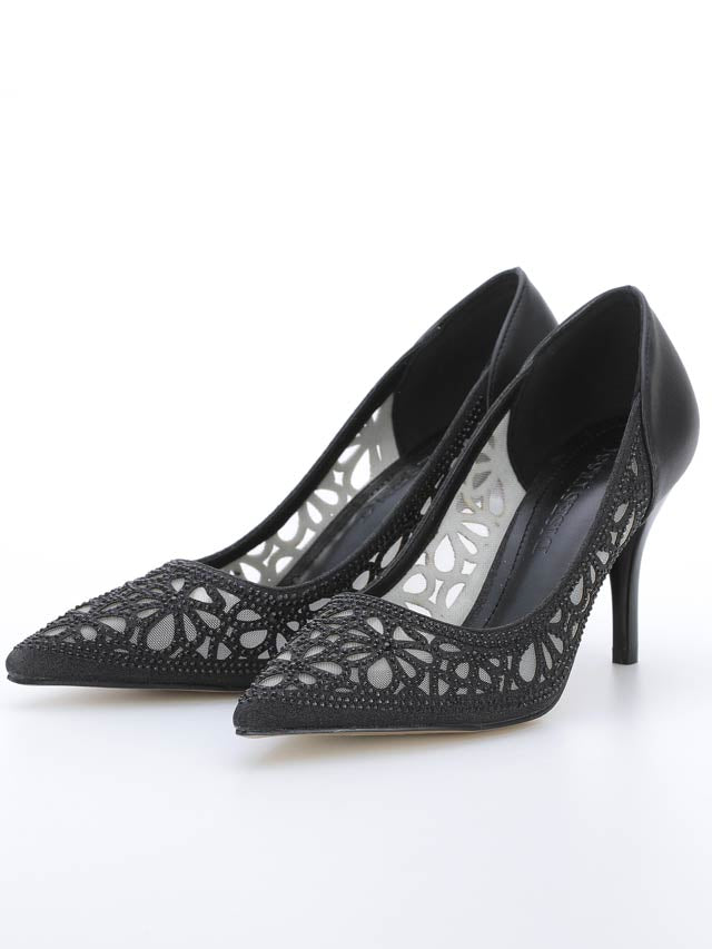 7/10再入荷![8cmヒール]メッシュフラワーストーンポインテッドトゥパンプス