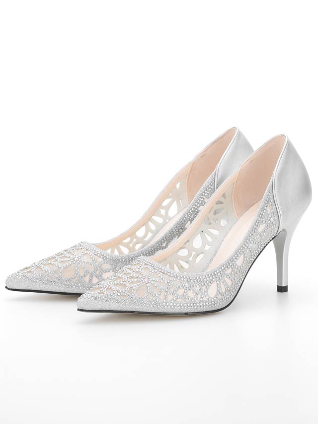 7/10再入荷![8cmヒール]メッシュフラワーストーンポインテッドトゥパンプス