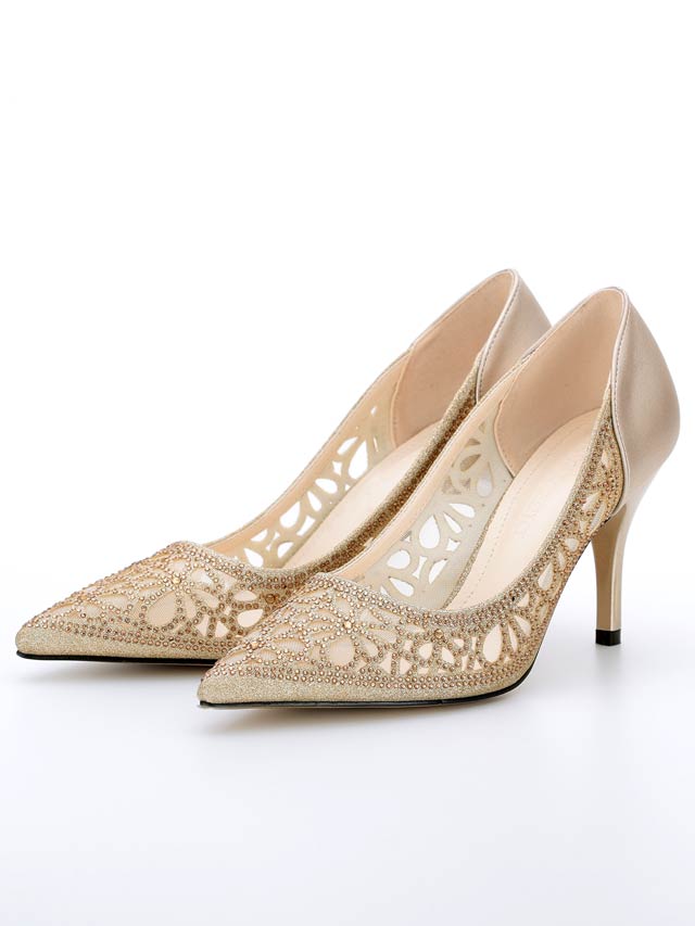 7/10再入荷![8cmヒール]メッシュフラワーストーンポインテッドトゥパンプス