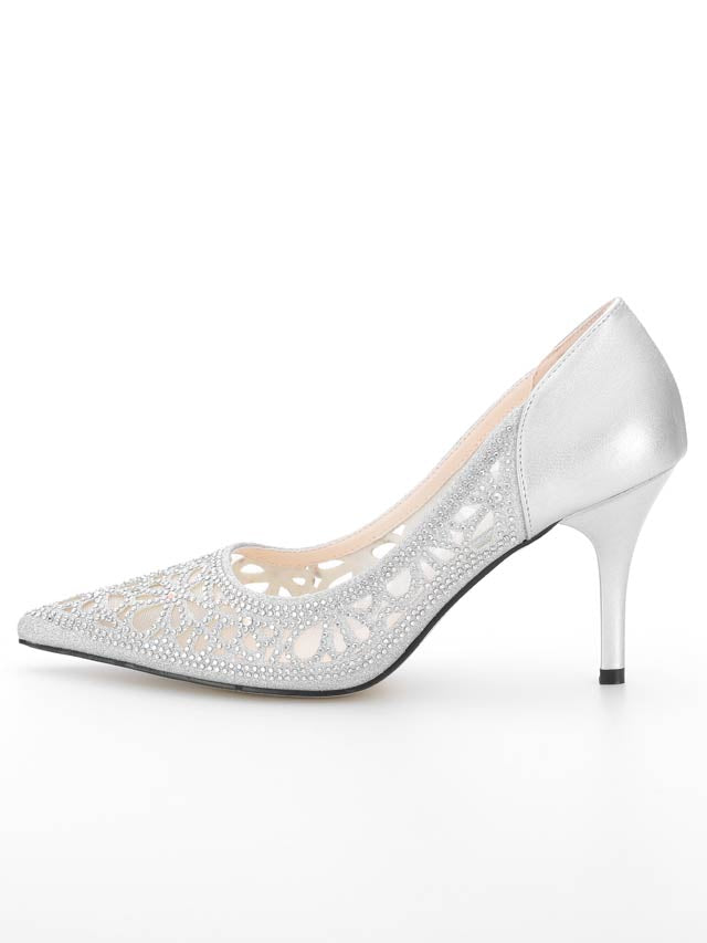 7/10再入荷![8cmヒール]メッシュフラワーストーンポインテッドトゥパンプス