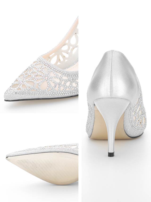 7/10再入荷![8cmヒール]メッシュフラワーストーンポインテッドトゥパンプス