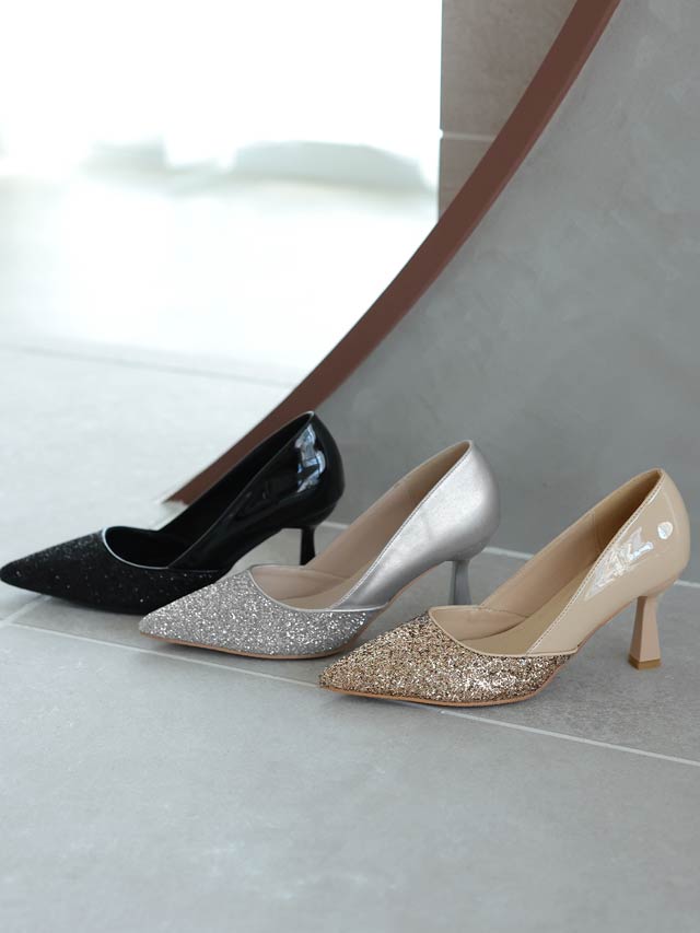 7/25再入荷![7cmヒール]グリッターエナメルパンプス