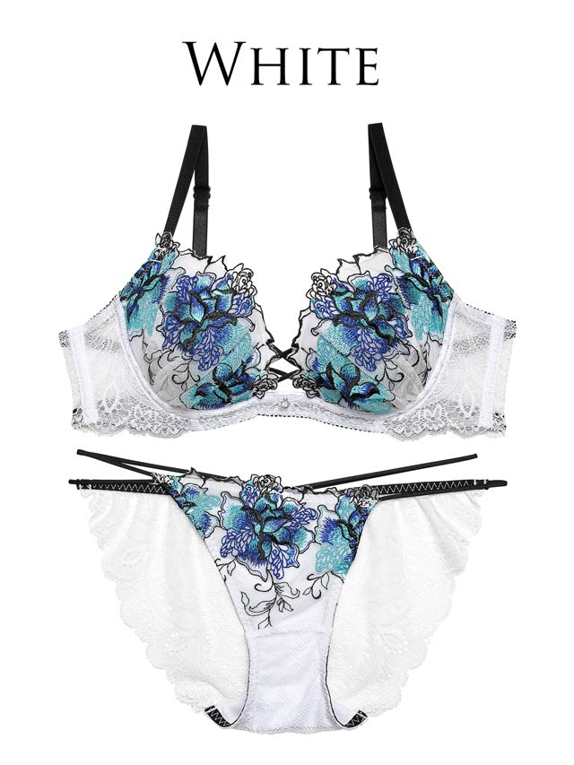 7/18再販!【Reinest】ファブリックレースアップフラワーブラジャー&バック透けフルバックショーツ[推し]