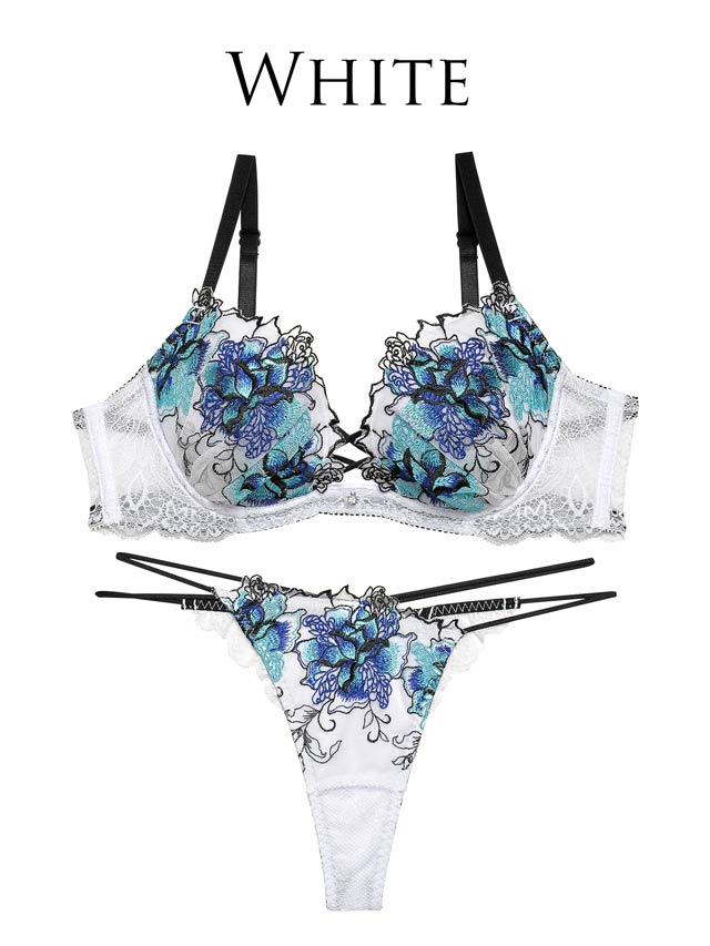 7/18再販!【Tバック】【Reinest】ファブリックレースアップフラワーブラジャー&バック透けTバックショーツ[推し]