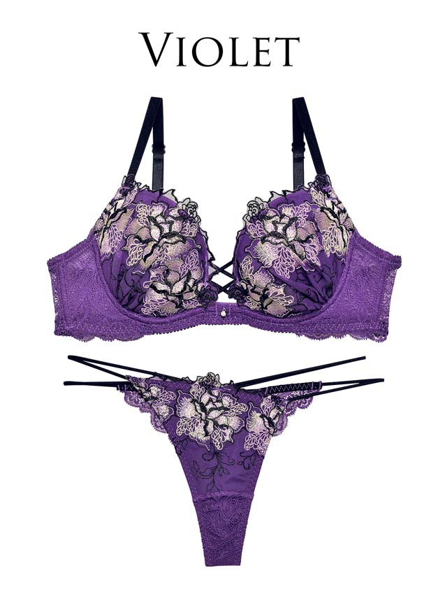 7/18再販!【Tバック】【Reinest】ファブリックレースアップフラワーブラジャー&バック透けTバックショーツ[推し]