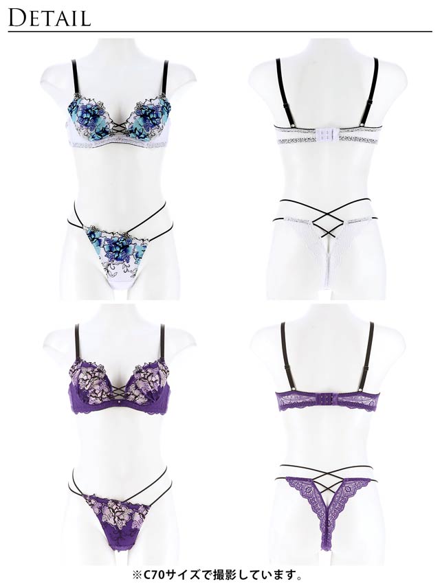 7/18再販!【Tバック】【Reinest】ファブリックレースアップフラワーブラジャー&バック透けTバックショーツ[推し]
