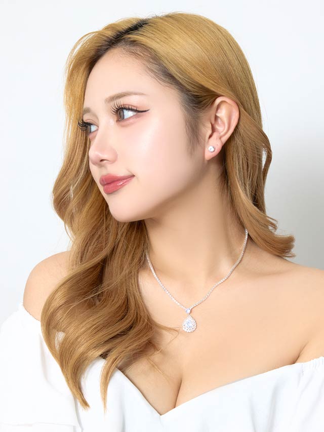 [2点SET]クリスタルドロップビジューネックレス＆ピアスセット