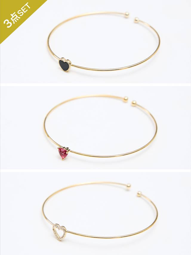 ハートビジューカラーストーン3連バングルブレスレット