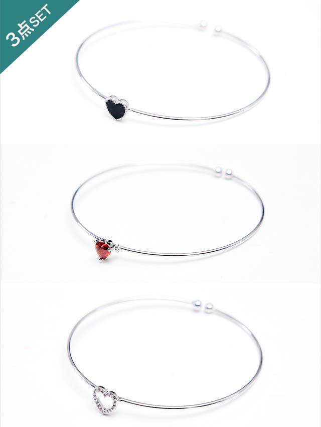 ハートビジューカラーストーン3連バングルブレスレット