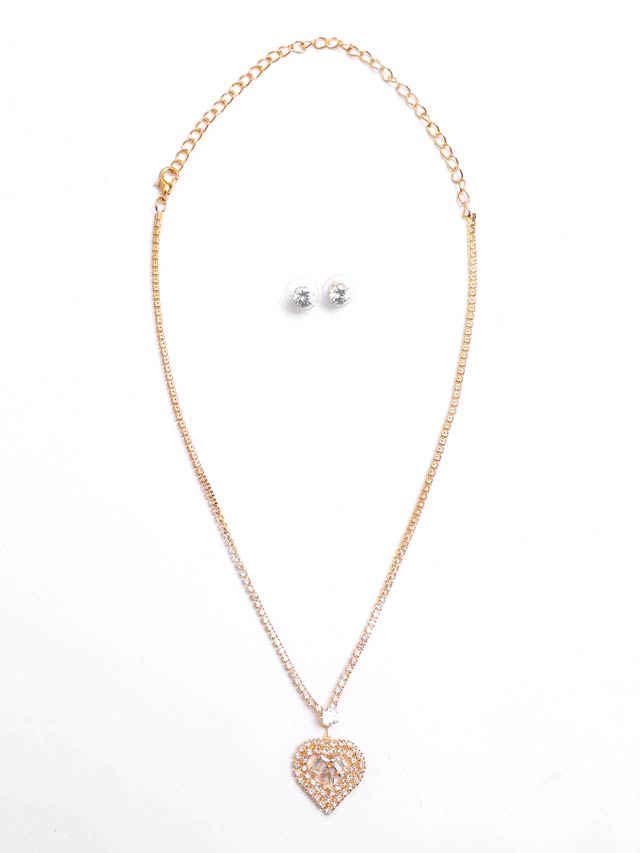 [2点SET]シャイニーハートモチーフビジューネックレス＆ピアスセット