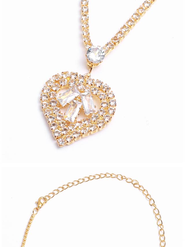 [2点SET]シャイニーハートモチーフビジューネックレス＆ピアスセット