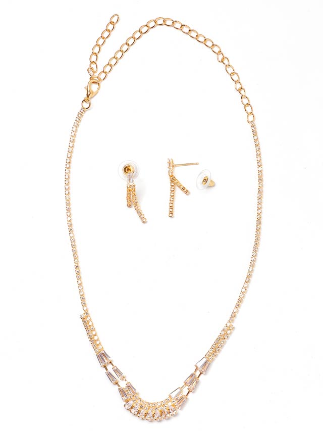 [2点SET]スタイリッシュチェーンビジューネックレス＆ピアスセット