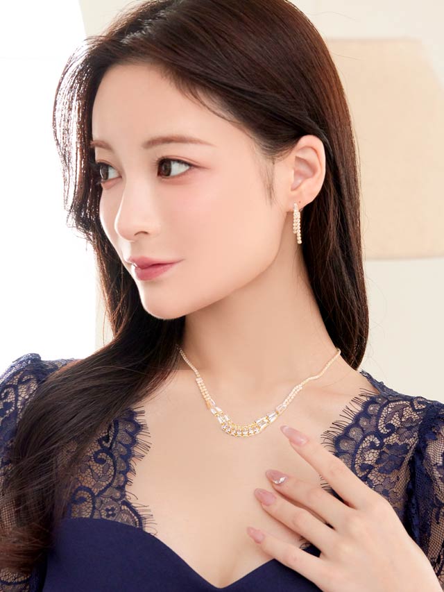 [2点SET]スタイリッシュチェーンビジューネックレス＆ピアスセット