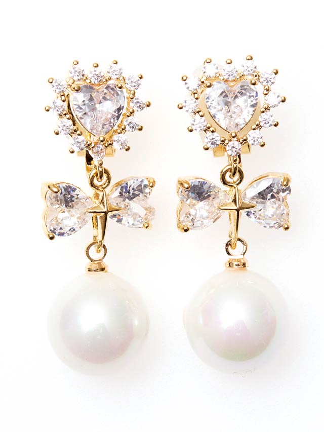 ハートストーンドロップパールリボンイヤリング