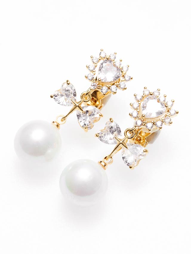 ハートストーンドロップパールリボンイヤリング