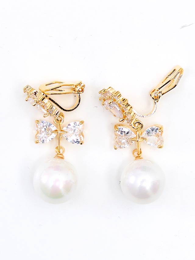 ハートストーンドロップパールリボンイヤリング