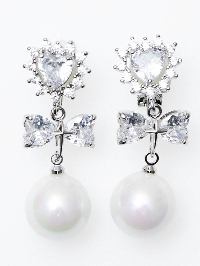 ハートストーンドロップパールリボンイヤリング