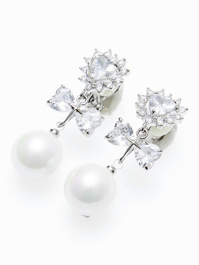 ハートストーンドロップパールリボンイヤリング