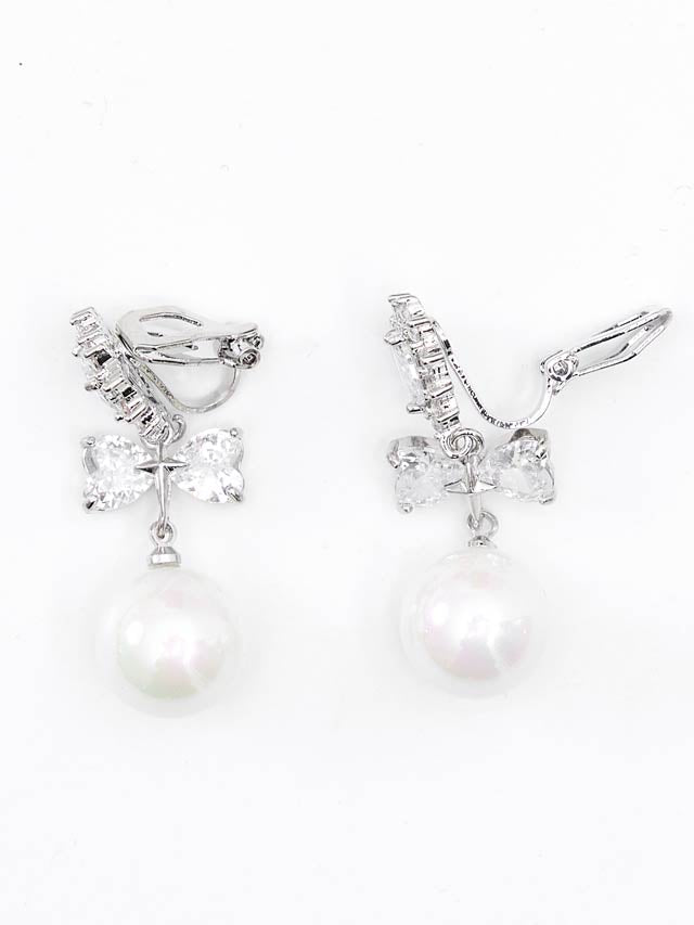 ハートストーンドロップパールリボンイヤリング