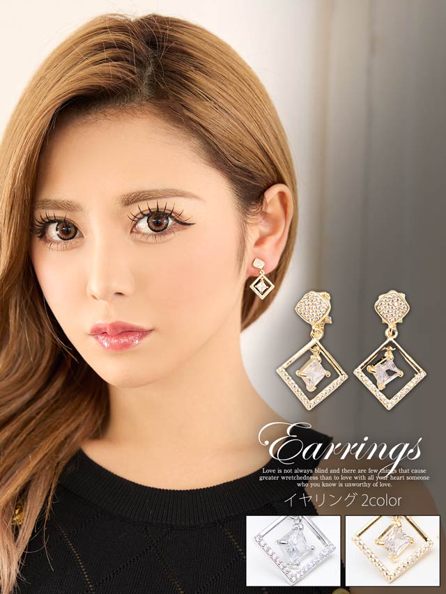 スクエアドロップストーンイヤリング
