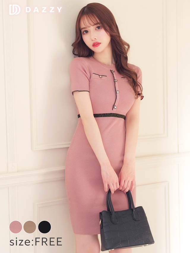 9/25再入荷!バイカラーウエストラインボタンビジュー付き半袖ニットタイトワンピース[カジュアル/dazzy closet]
