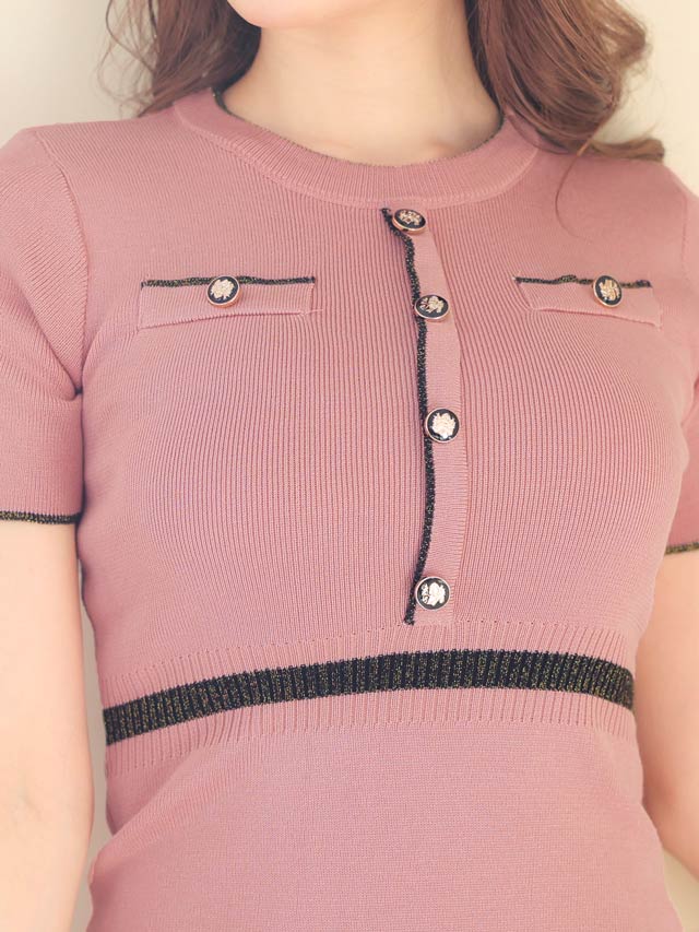 9/25再入荷!バイカラーウエストラインボタンビジュー付き半袖ニットタイトワンピース[カジュアル/dazzy closet]