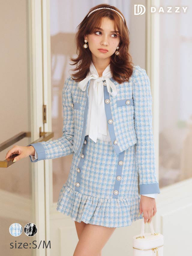 [SMLサイズ]ツイードパールボタンジャケット＆フリルミニスカートセットアップ[3サイズ展開]