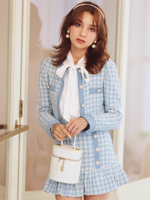 [SMLサイズ]ツイードパールボタンジャケット＆フリルミニスカートセットアップ[3サイズ展開]