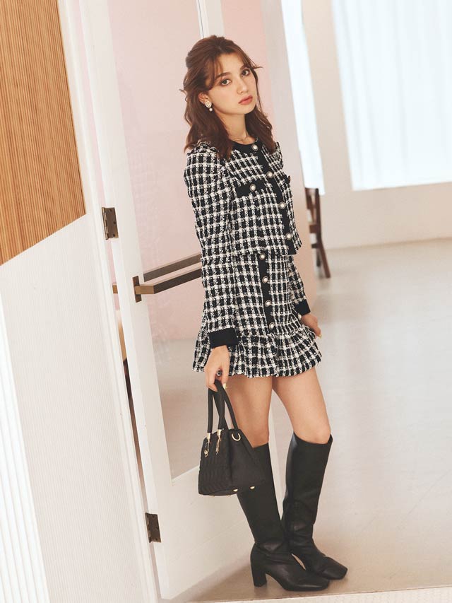 [SMLサイズ]ツイードパールボタンジャケット＆フリルミニスカートセットアップ[3サイズ展開]