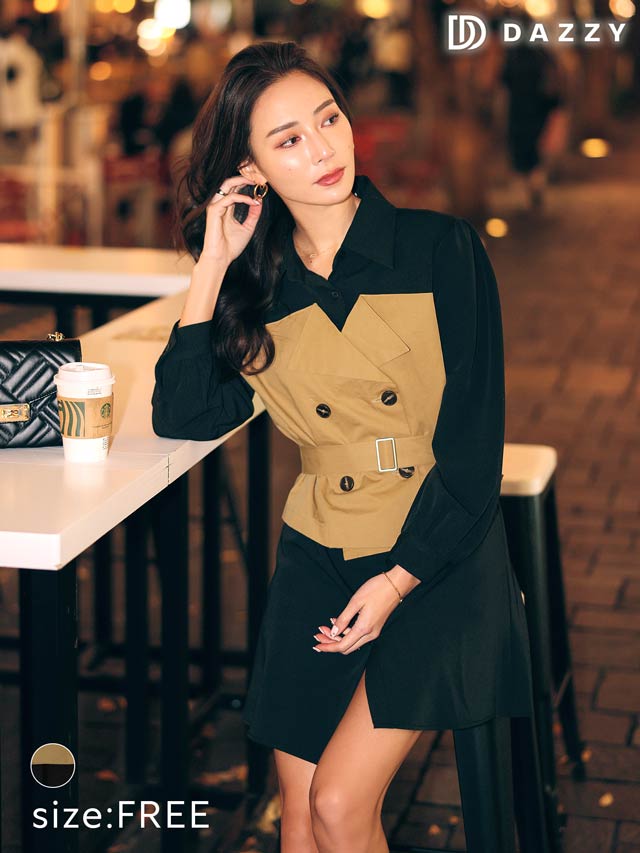 バイカラーベルト付きトレンチ風ワンピース[カジュアル/dazzy closet]