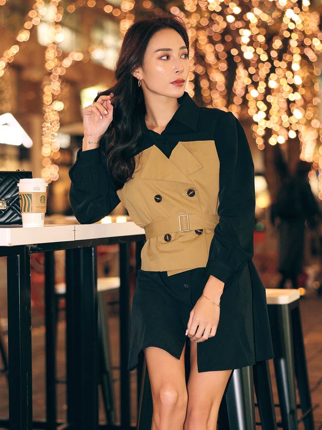 バイカラーベルト付きトレンチ風ワンピース[カジュアル/dazzy closet]