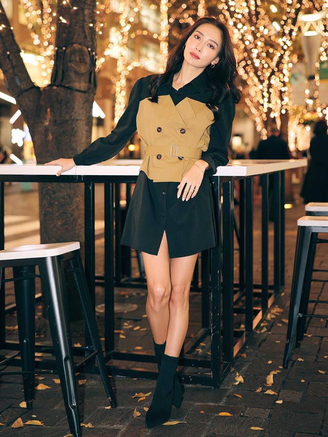 バイカラーベルト付きトレンチ風ワンピース[カジュアル/dazzy closet]