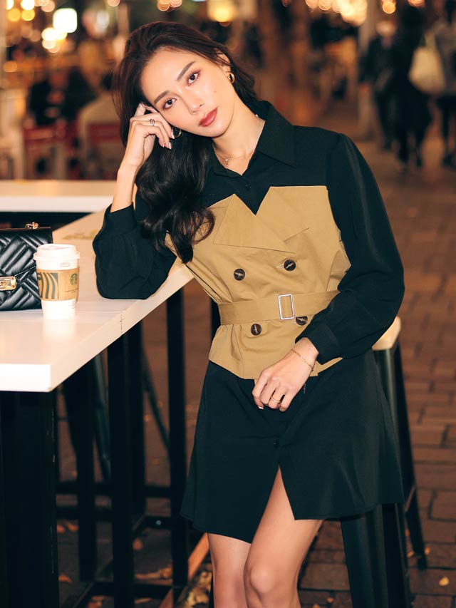 バイカラーベルト付きトレンチ風ワンピース[カジュアル/dazzy closet]