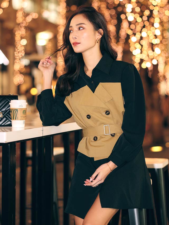 バイカラーベルト付きトレンチ風ワンピース[カジュアル/dazzy closet]