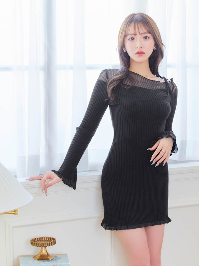 アシメシアーフリルヘム長袖ニットワンピース[カジュアル/dazzy closet]