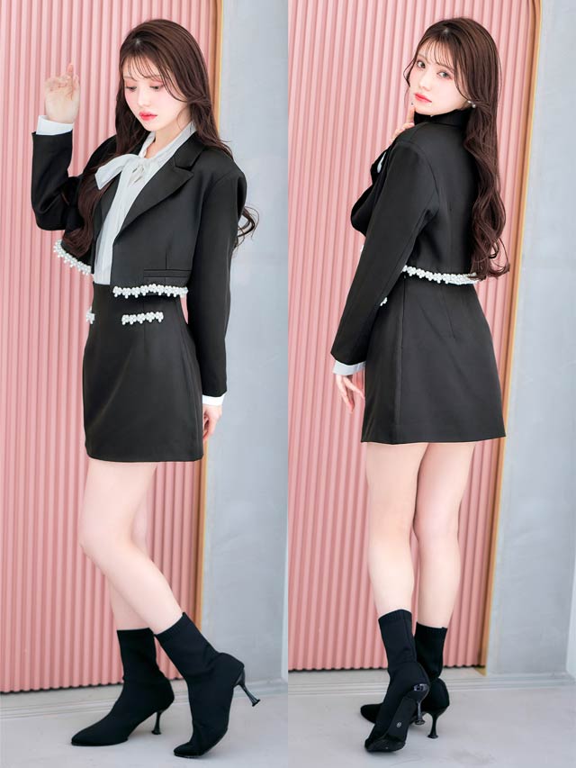 [SMLサイズ]パールデザインジャケット&スカートセットアップ[3サイズ展開][カジュアル/dazzy closet]