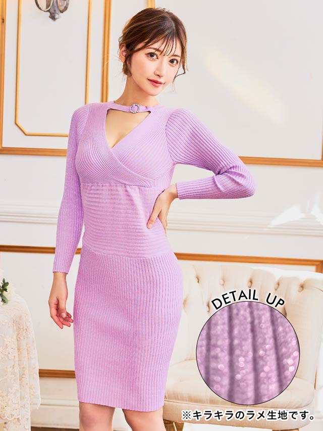 カットアウトネックビジュー長袖リブニットワンピース[カジュアル/dazzy closet]