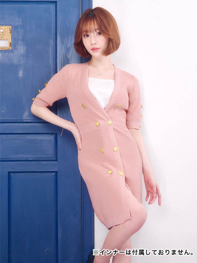 ダブルボタン半袖タイトニットカーディガンワンピース