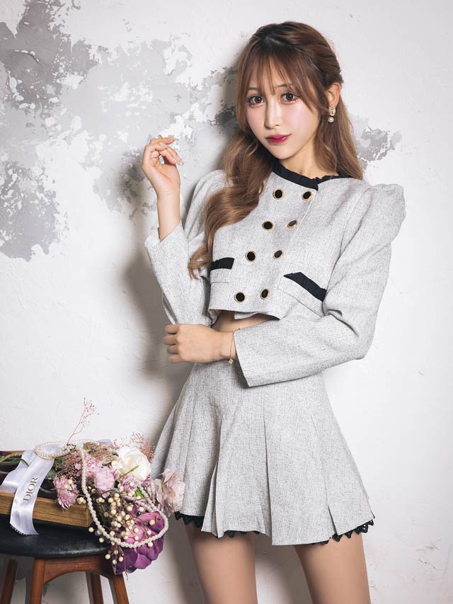 [SMLサイズ]ノーカラーダブルボタンプリーツラウンジセットアップ[カジュアル/dazzy closet]