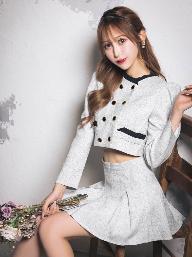 [SMLサイズ]ノーカラーダブルボタンプリーツラウンジセットアップ[カジュアル/dazzy closet]