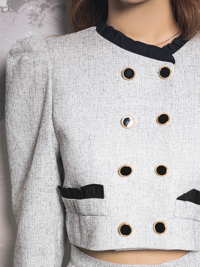 [SMLサイズ]ノーカラーダブルボタンプリーツラウンジセットアップ[カジュアル/dazzy closet]