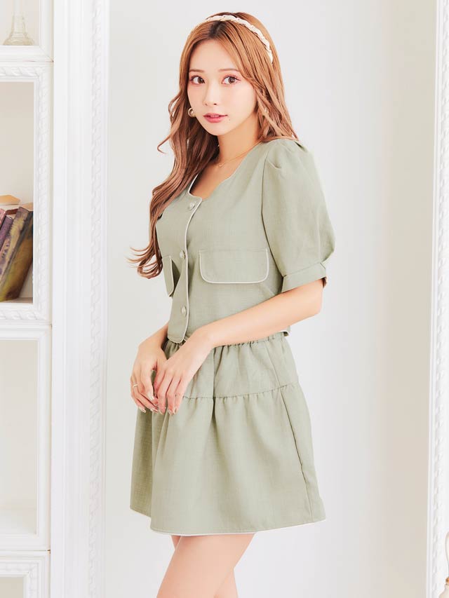 [SMLサイズ]パフスリーブパールボタンスカートセットアップ[3サイズ展開][dazzy closet]