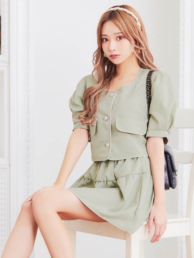 [SMLサイズ]パフスリーブパールボタンスカートセットアップ[3サイズ展開][dazzy closet]