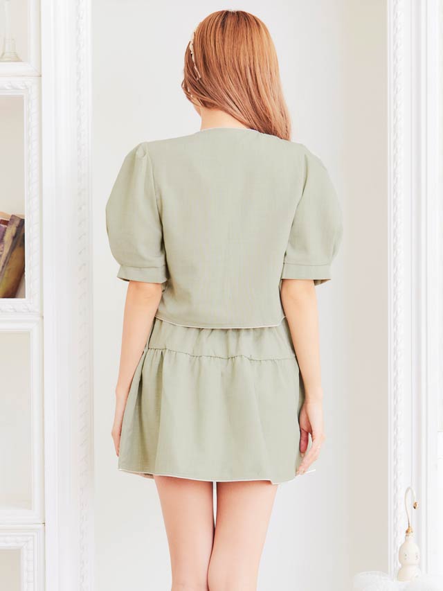 [SMLサイズ]パフスリーブパールボタンスカートセットアップ[3サイズ展開][dazzy closet]